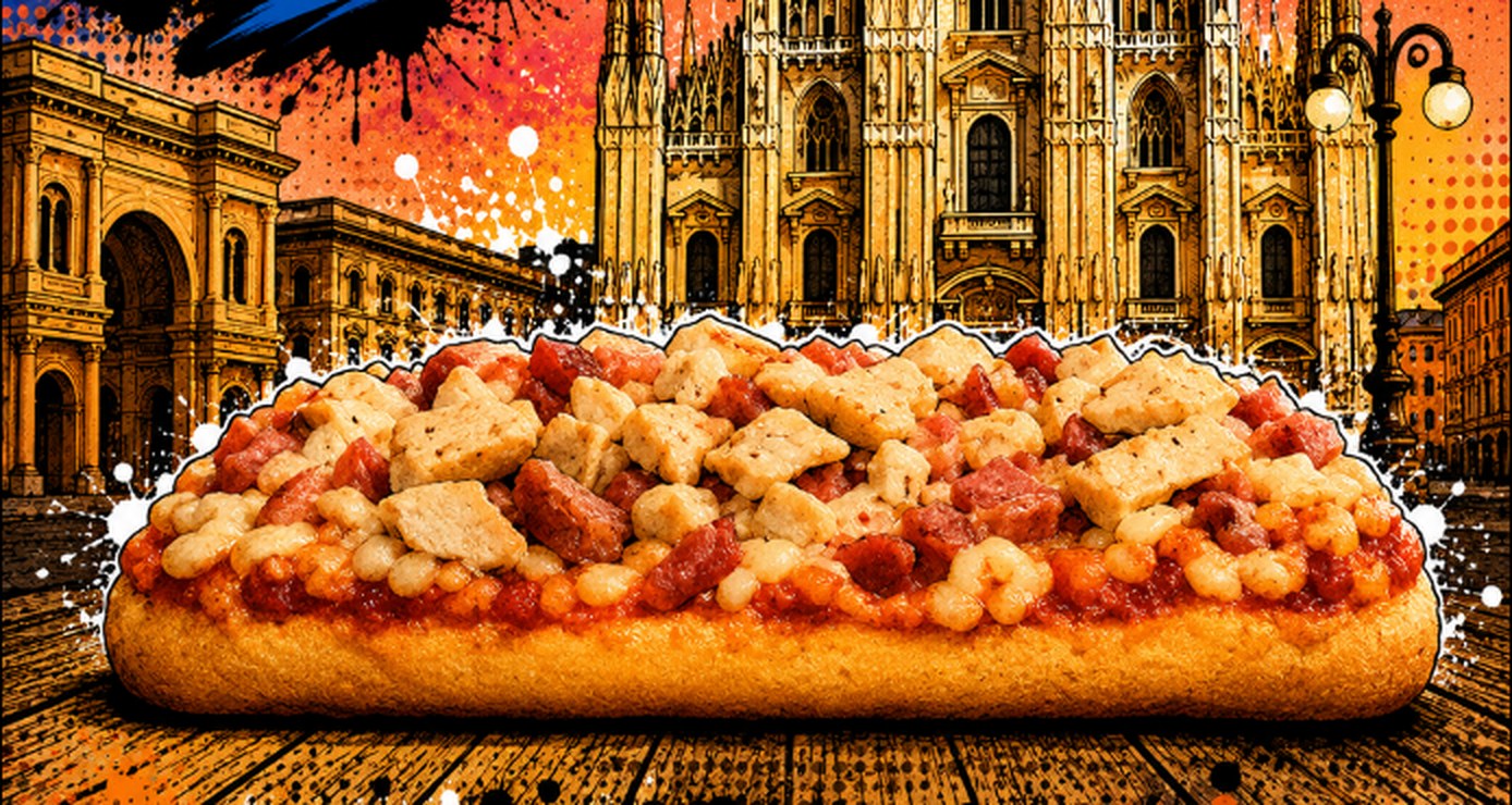 Pizza Milano: tosta con tomate frito, mozzarella, pollo al horno y bacon